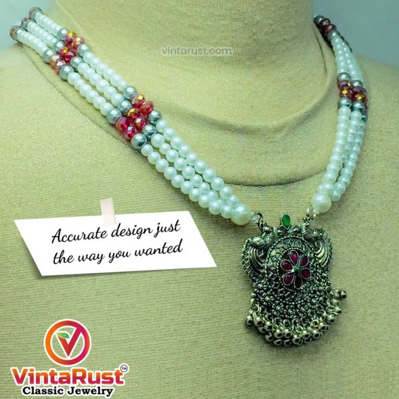Multicolor Beaded Chain Necklace With Silver Kuchi Motif Pendant - Picture 4 of 7